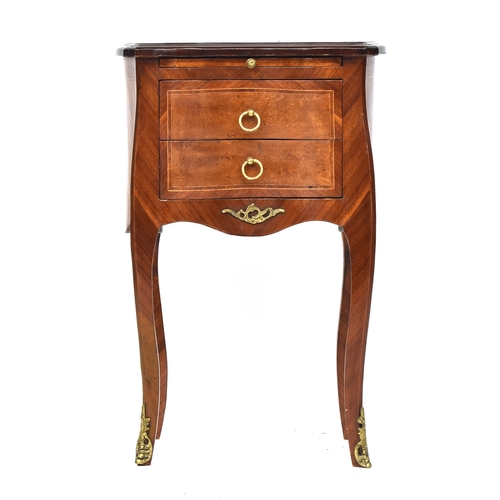 636 - A French style burr walnut petite commode, of recent manufacture, with slide over two drawers, the f... 