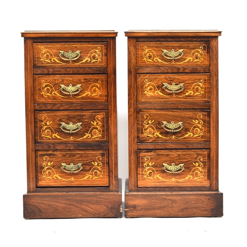 638 - A pair of rosewood and marquetry pedestal bedside tables, each of four drawers on plinth base, 39cm ... 