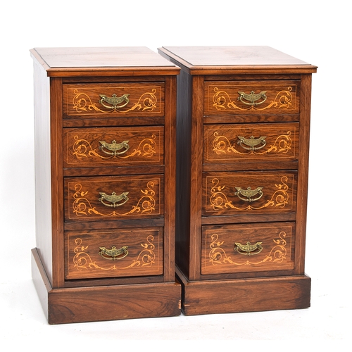 638 - A pair of rosewood and marquetry pedestal bedside tables, each of four drawers on plinth base, 39cm ... 