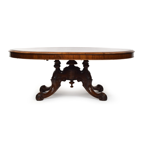 639 - A Victorian burr walnut and marquetry oval table, cut down for use as a coffee table, 141cm wide, 10... 