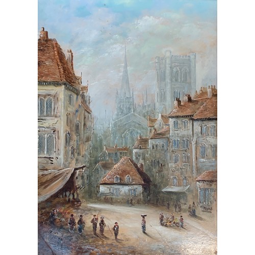 296 - Henry Schafer (1833-1916), continental street scene with cathedral in background, oil on board, sign... 