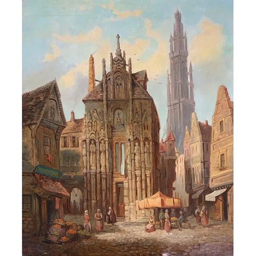 297 - Henry Schafer (1833-1916), continental street with spire in background, oil on canvas, monogrammed a... 