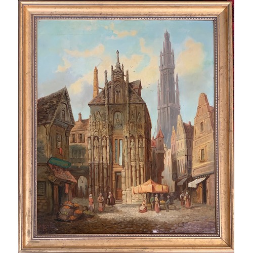 297 - Henry Schafer (1833-1916), continental street with spire in background, oil on canvas, monogrammed a... 