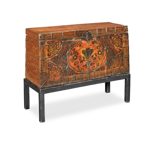 502 - An 18th/19th century Tibetan 'Lotus' storage chest and stand, the front decorated in polychrome pigm... 