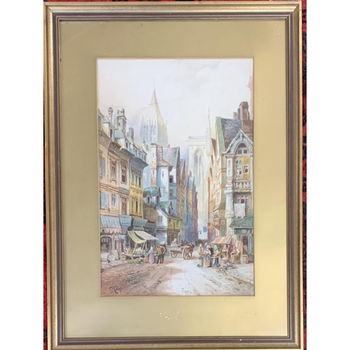 366 - C J Keats RBA, late 19th century watercolour on paper of a continental street scene, 49x32cm