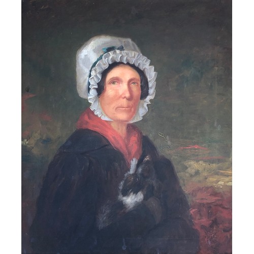 325 - 19th century English school, half length portrait of a lady in a white bonnet, oil on canvas, 73.5x6... 