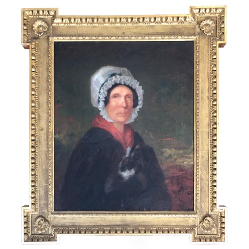 325 - 19th century English school, half length portrait of a lady in a white bonnet, oil on canvas, 73.5x6... 