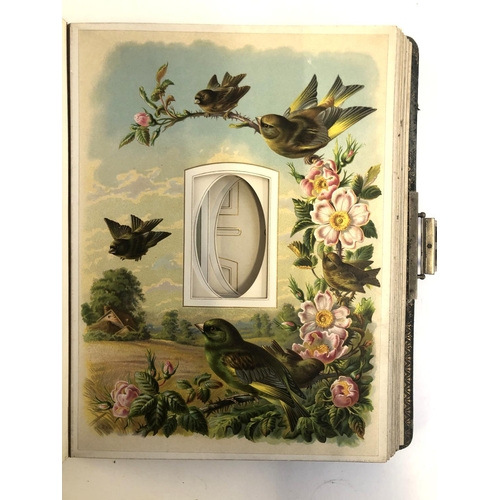 179 - An empty early 20th century photo album, each page with songbird decoration