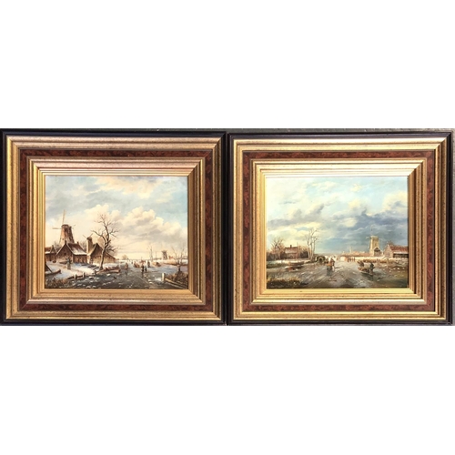 363 - A pair of Dutch oils on board, each depicting figures on a frozen river with windmills, each signed ... 