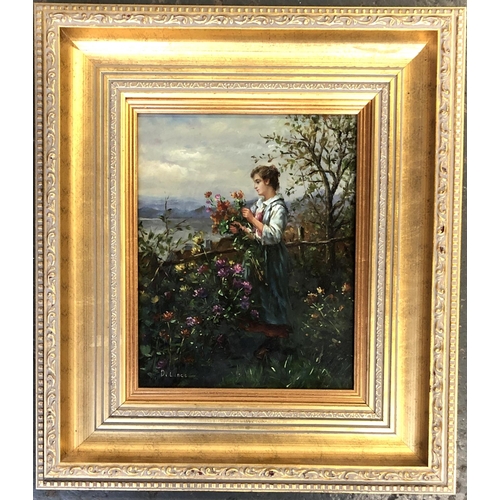 364 - 20th century, oil on panel, girl with flowers, signed D Lance, 25x19.5cm

Provenance: bears label fo... 