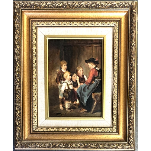 365 - 20th century, oil on board, a mother and four children, signed C Bauer, 17x12cm

Provenance: bears l... 