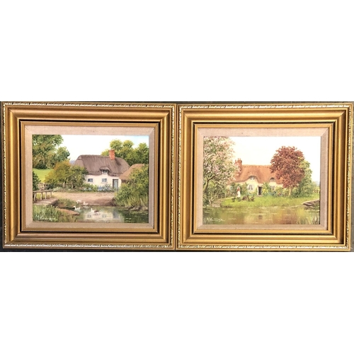 371 - M Kerridge, 'The Duck Pond' and 'Cherry Tree Cottage', oils on artist's board, signed, 14x18.5cm