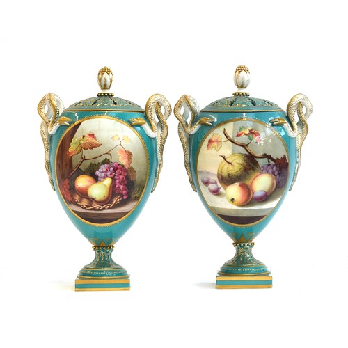 195 - A pair of 19th century Royal Worcester twin handled potpourris, turquoise ground with hand painted p... 