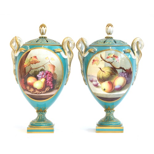 195 - A pair of 19th century Royal Worcester twin handled potpourris, turquoise ground with hand painted p... 