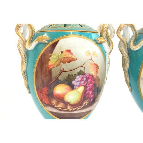 195 - A pair of 19th century Royal Worcester twin handled potpourris, turquoise ground with hand painted p... 