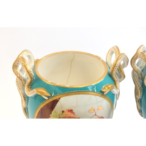 195 - A pair of 19th century Royal Worcester twin handled potpourris, turquoise ground with hand painted p... 