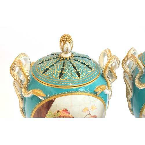 195 - A pair of 19th century Royal Worcester twin handled potpourris, turquoise ground with hand painted p... 