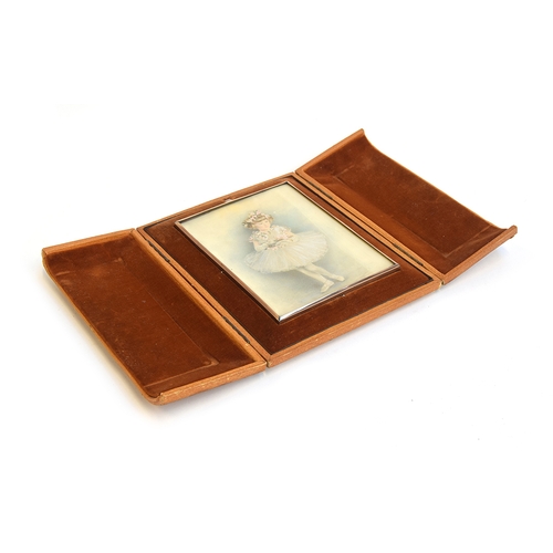 102 - An early 20th century 9ct gold picture frame containing a portrait miniature on ivory of a young bal... 