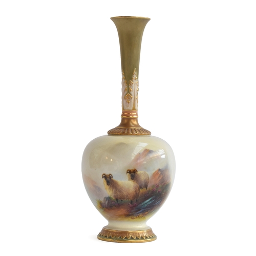 192 - An early 20th century Royal Worcester vase, hand painted by E Barker with sheep in a highland landsc... 