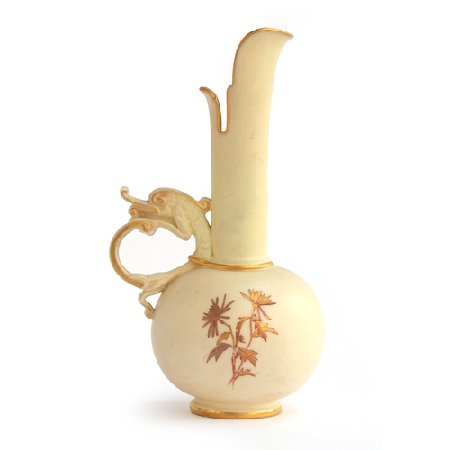 193 - An early 20th century Royal Worcester blush ivory Persian style ewer with dragon handle, heightened ... 