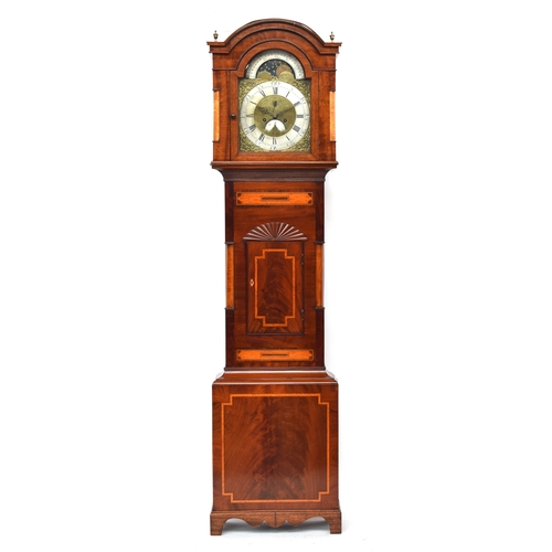 444 - A mahogany longcase clock, domed hood, the dial with Roman numerals to the silvered chapter ring and... 