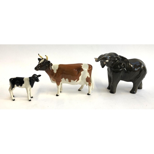 87 - A Beswick Ayrshire Cow, 'Ickham Bessie 198', one horn repaired; together with a Beswick elephant, 12... 