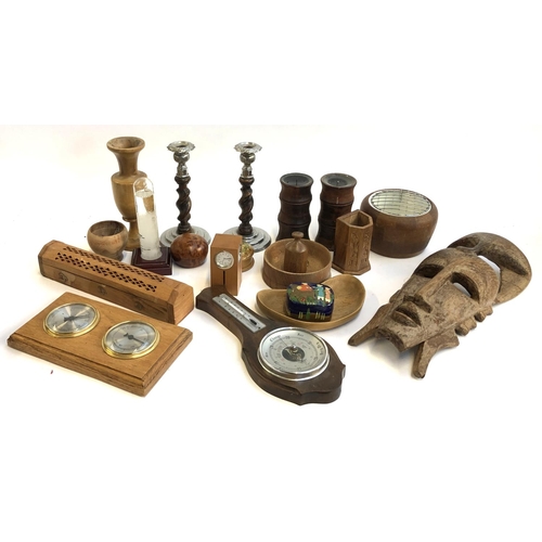 204 - TREEN: a mixed lot to include small bowls and boxes, candlesticks, an African mask etc.