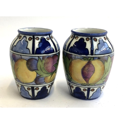 100 - A pair of Charlotte Rhead Burleigh ware lustre vases, one chipped to rim, 11cmH