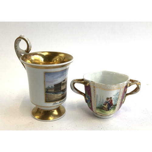 101 - A twin handled Dresden ceramic loving cup & a cup with Berlin Museum picture