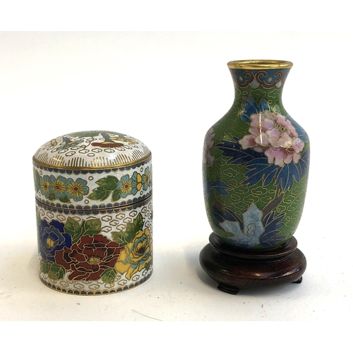 109 - Two small Chinese cloisonne items, one with base, the pot 6cmH