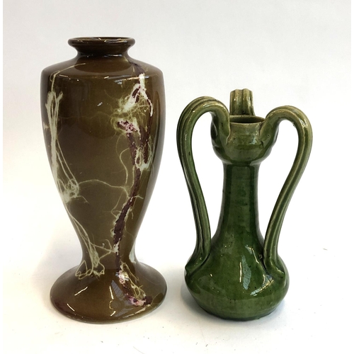 110 - An Art Nouveau three-handled vase, 17cmH, and an Empire Porcelain Co. marble effect vase, c1924 mark... 