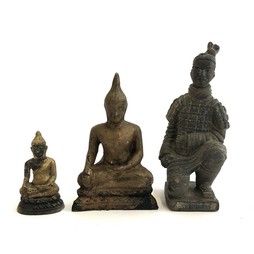 205 - Two Buddhas and a Chinese Terracotta Warrior, the tallest 14cmH