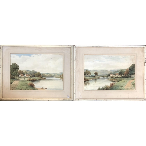 414 - J W Jackson (early 20th century), a pair of watercolours of cottages by a lake, signed and dated 192... 