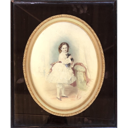 423 - Late 19th century painting on porcelain, girl holding a black kitten, signed 'S. Dickinson, 1874', w... 