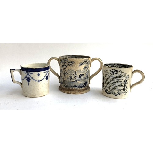 117 - A 19th century God Speede the Plough mug, together with a large blue and white twin handled mug, and... 