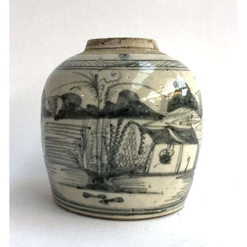 118 - A Chinese ginger jar with black and white decoration 
 of a boat on the water, marks to base, 15.5cm... 