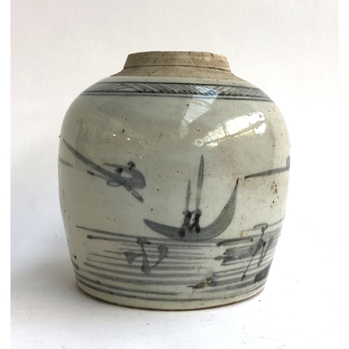 118 - A Chinese ginger jar with black and white decoration 
 of a boat on the water, marks to base, 15.5cm... 