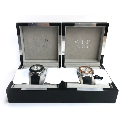 37 - Two VIP Time wrist watches, one in black, the other in a rose gold colour, the white dials with arab... 