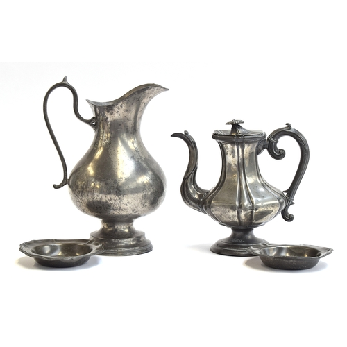 241 - A Finstain pewter ewer, 31cm high, together with a pair of Finstain pewter dishes, 14.5cm diameter; ... 