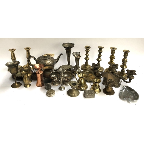 232 - A mixed lot of plated, brass and other metal items to include two pairs of ejector candlesticks, var... 