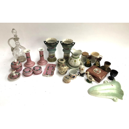 130 - A mixed lot of ceramics to include dressing table set, etched glass decanter, Vienna porcelain style... 