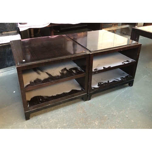 644 - A pair of macassar ebony contemporary coffee tables, each with two undershelves, removeable glass to... 