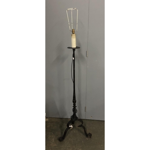 757 - A 17th century style wrought iron candle holder converted into standard lamp, 140cmH