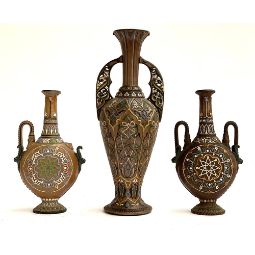 136 - Three c.1900 German stoneware vases, with polychrome decoration, the tallest twin handled vase 44cmH... 