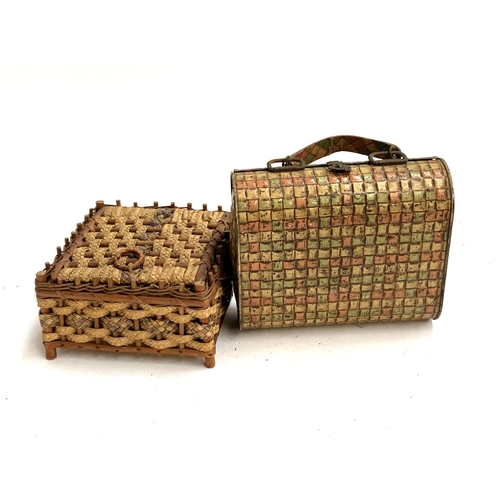 246 - A wicker sewing basket containing pin cushion, dated 1907 to base, together with a novelty handbag b... 