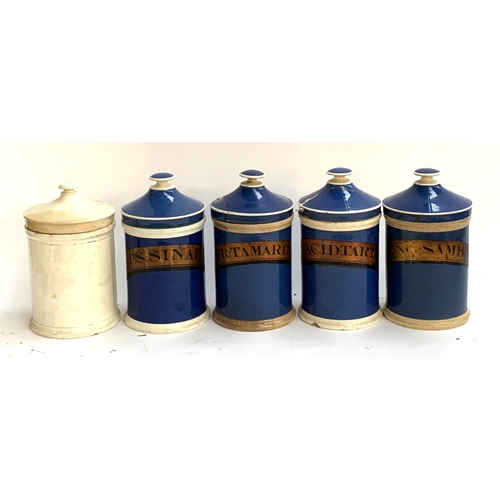 139 - Four blue ceramic chemist's jars (lids af), together with one other, 25cmH