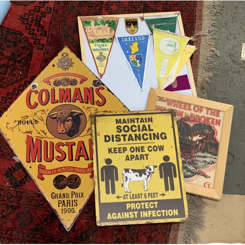 290 - A novelty social distancing sign, together with a reproduction Colman's mustard diamond shaped sign,... 