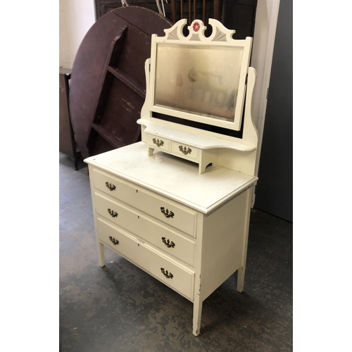 696 - A white painted dressing table, adjustable mirror, adjustable mirror on a base with three drawers, 9... 