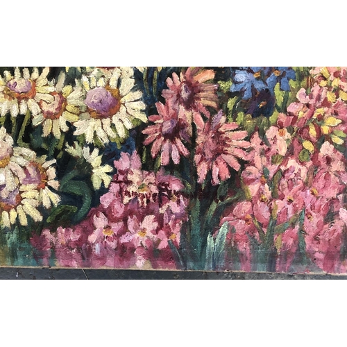 461 - A 20th century oil on canvas floral study, signed indistinctly lower right, 76x63cm