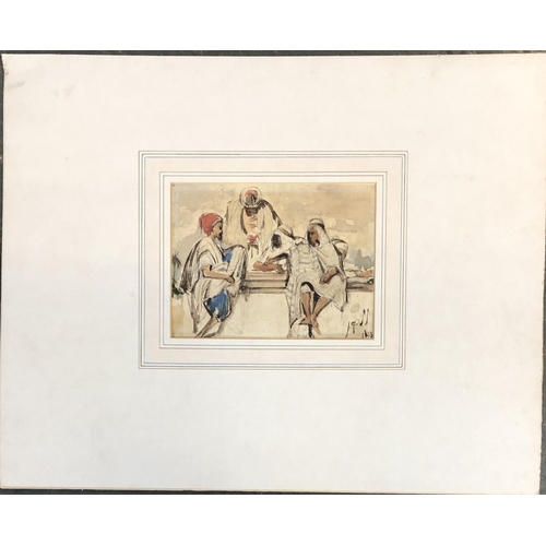 464 - Late 19th century pen and colour wash, four men in Arab dress, dated 1893, monogrammed indistinctly,... 